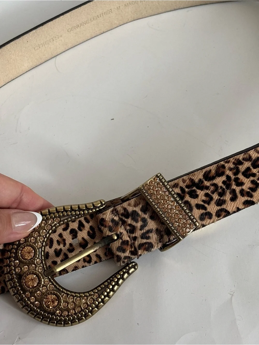Chicos western glam Leopard Print Rhinestone Western Belt - Gold Buckle